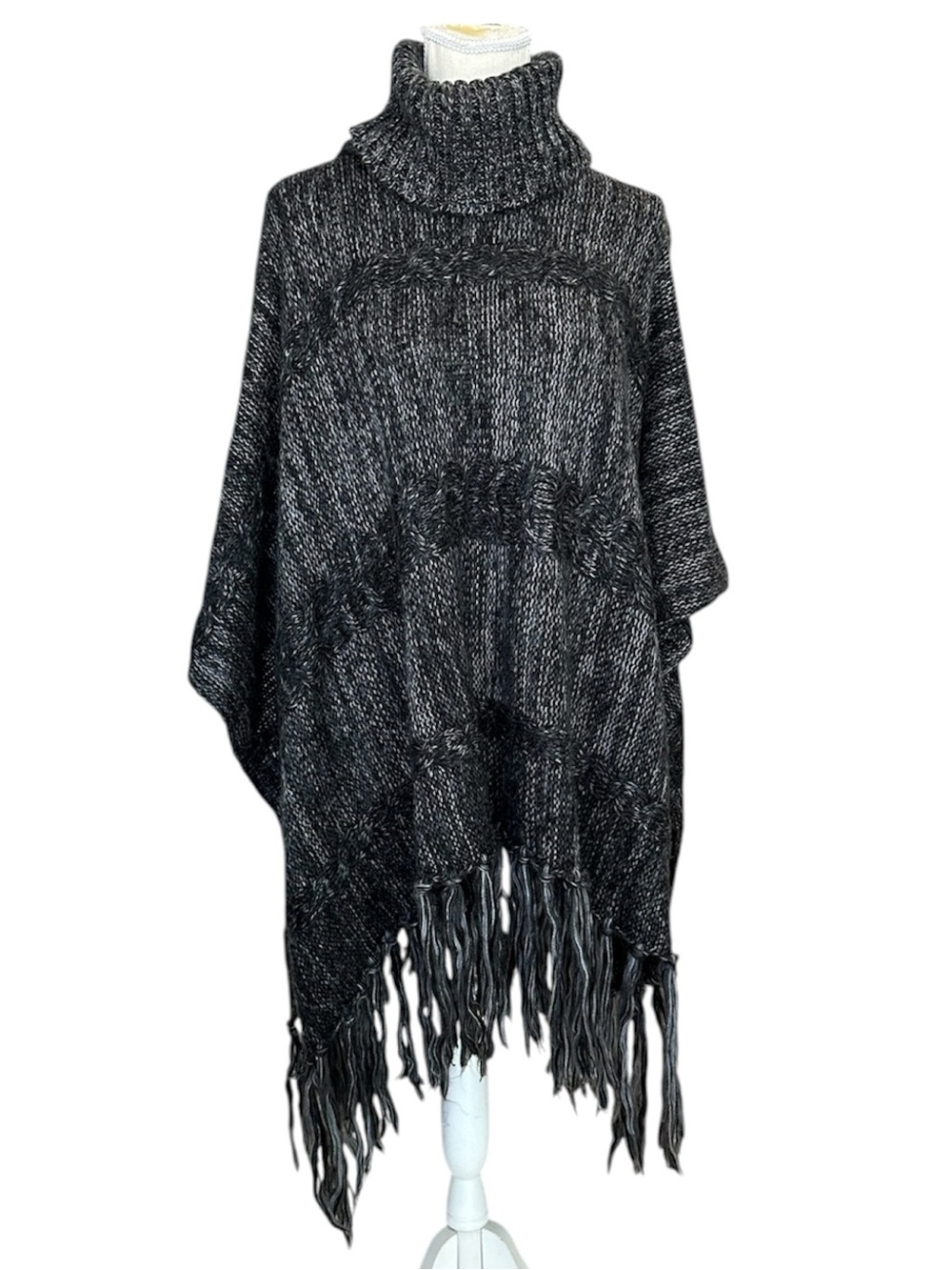 Collection Eighteen Poncho Sweater Turtleneck Fringe Knit Charcoal Gray
